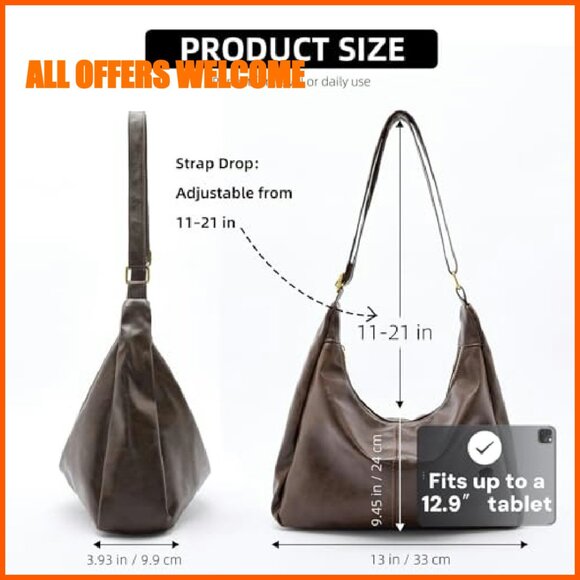 Foldable Vegan Leather Hobo Tote Shoulder Bag 13" Slouchy Purse - Picture 6 of 8